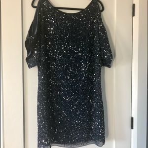 Marina navy blue sequined cold shoulder formal cocktail knee length shift dress